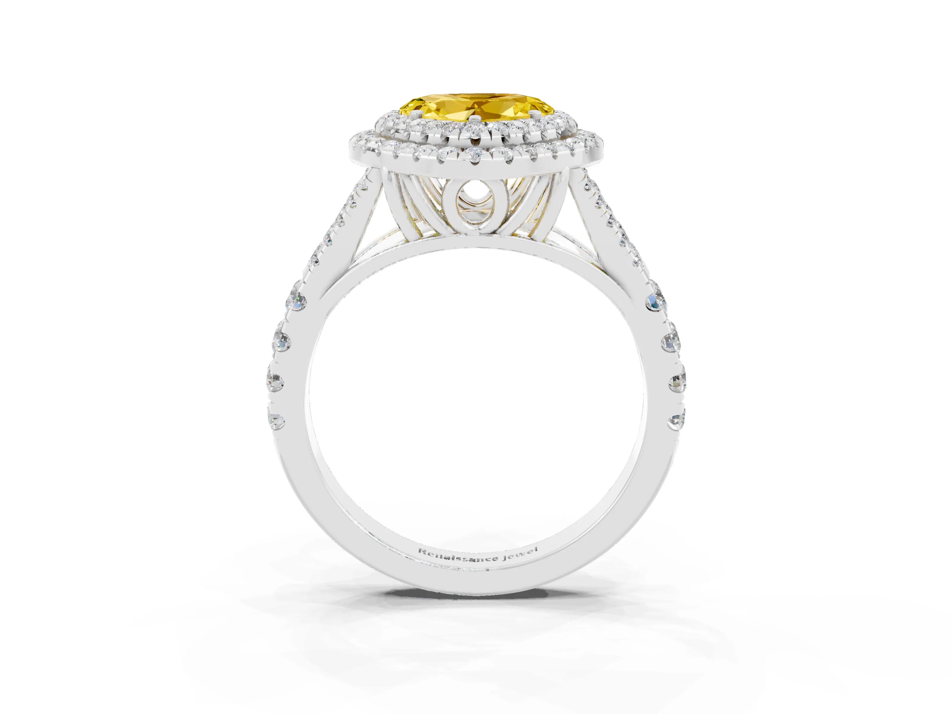 White gold Double Halo Heart Cut Yellow Sapphire Pavé Split Shank Ring with Prong Setting_3