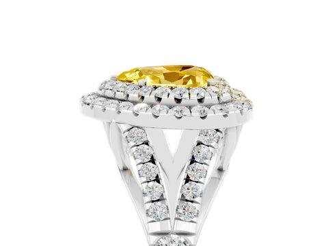 White gold Double Halo Heart Cut Yellow Sapphire Pavé Split Shank Ring with Prong Setting_5