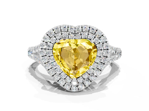 White gold Double Halo Heart Cut Yellow Sapphire Pavé Split Shank Ring with Prong Setting