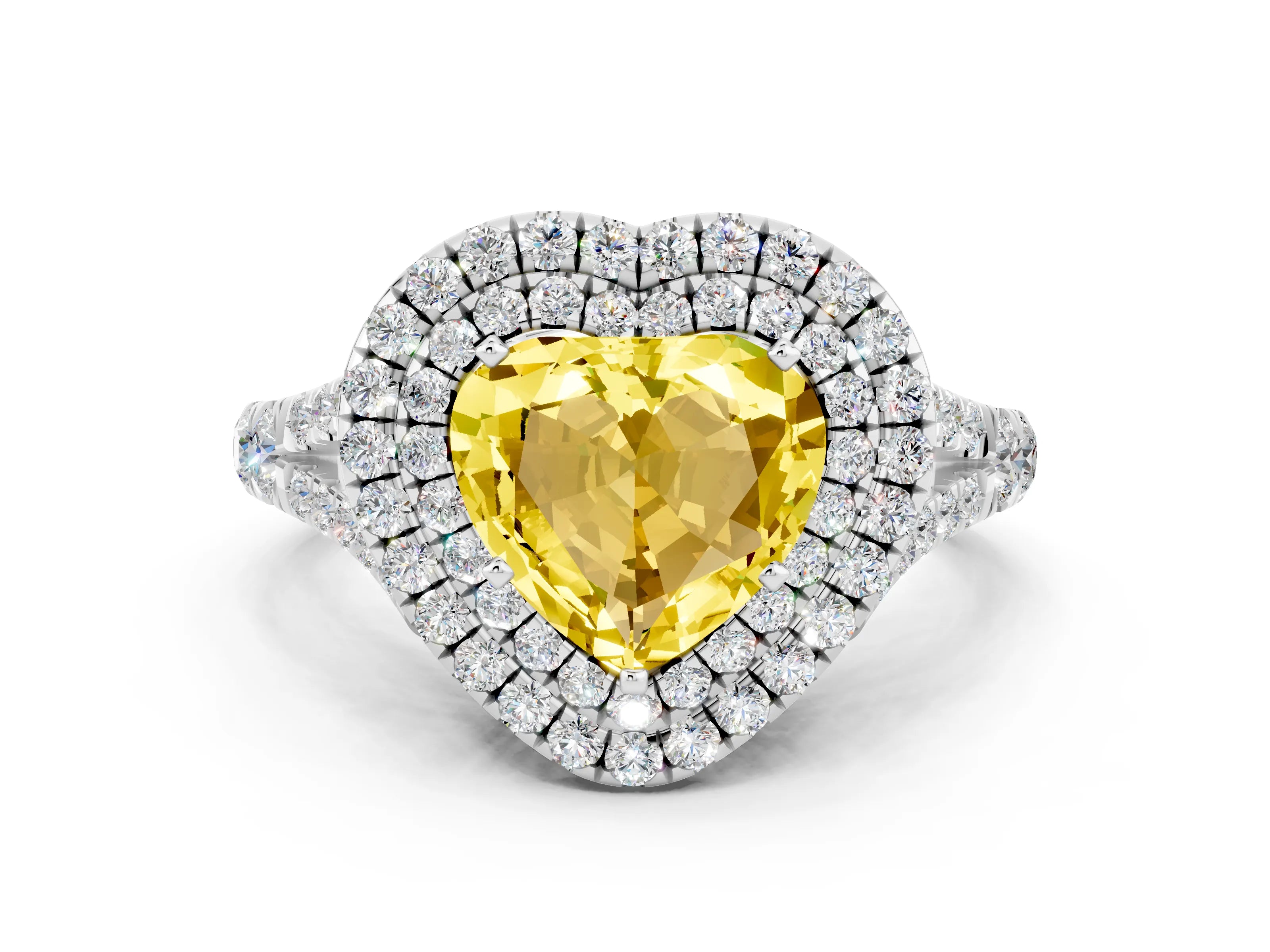 White gold Double Halo Heart Cut Yellow Sapphire Split Shank Engagement Ring with Four-Prong Setting