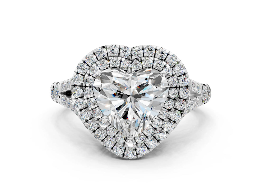 White gold Double Halo Heart-Shaped Split Shank Diamond Ring with Prong Setting_20