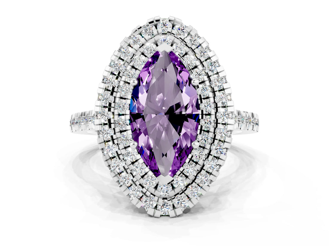 White gold Double Halo Marquise Cut Amethyst Pavé Band with Four-Prong Setting