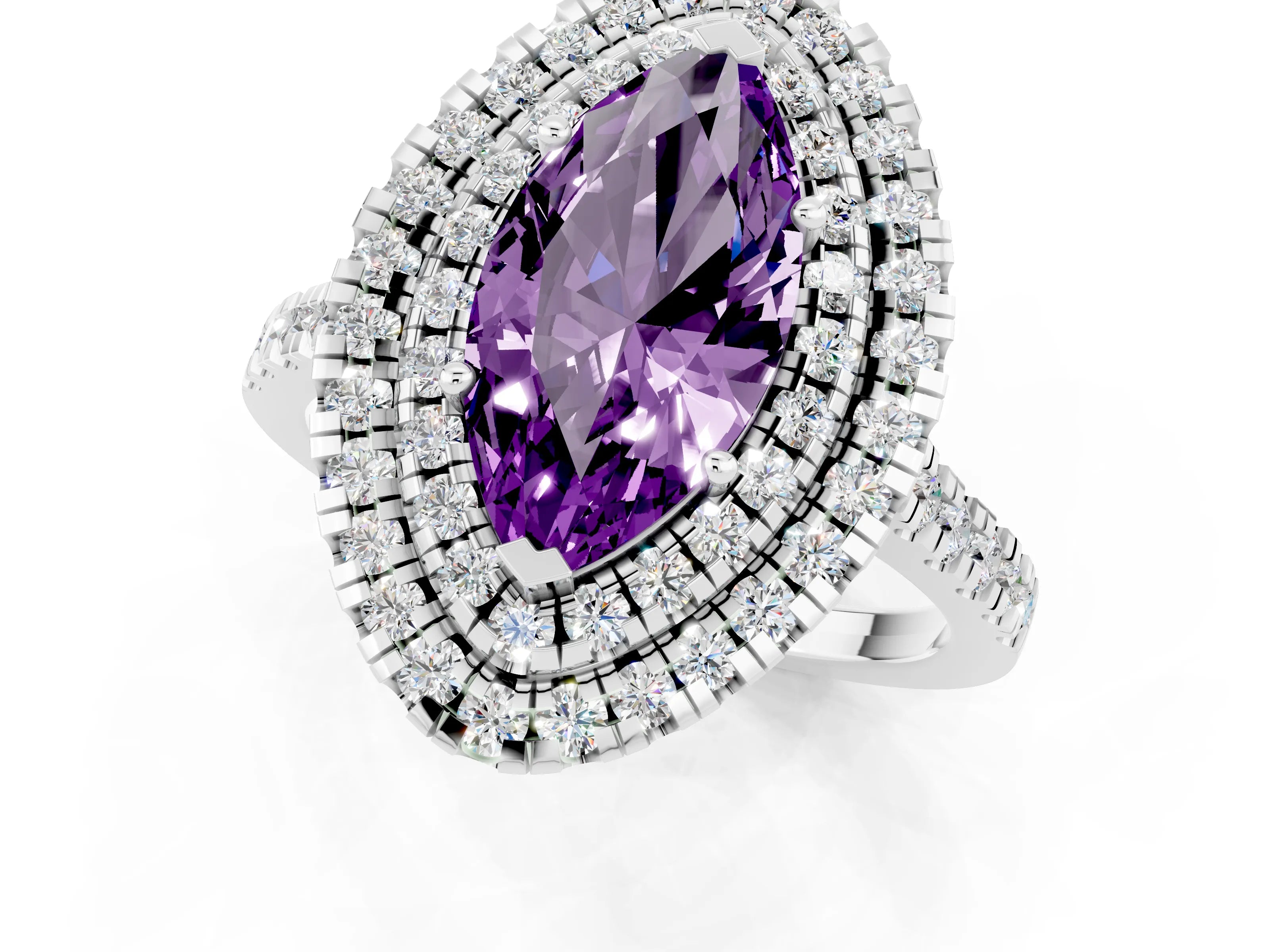 White gold Double Halo Marquise Cut Amethyst Pavé Band with Four-Prong Setting_1