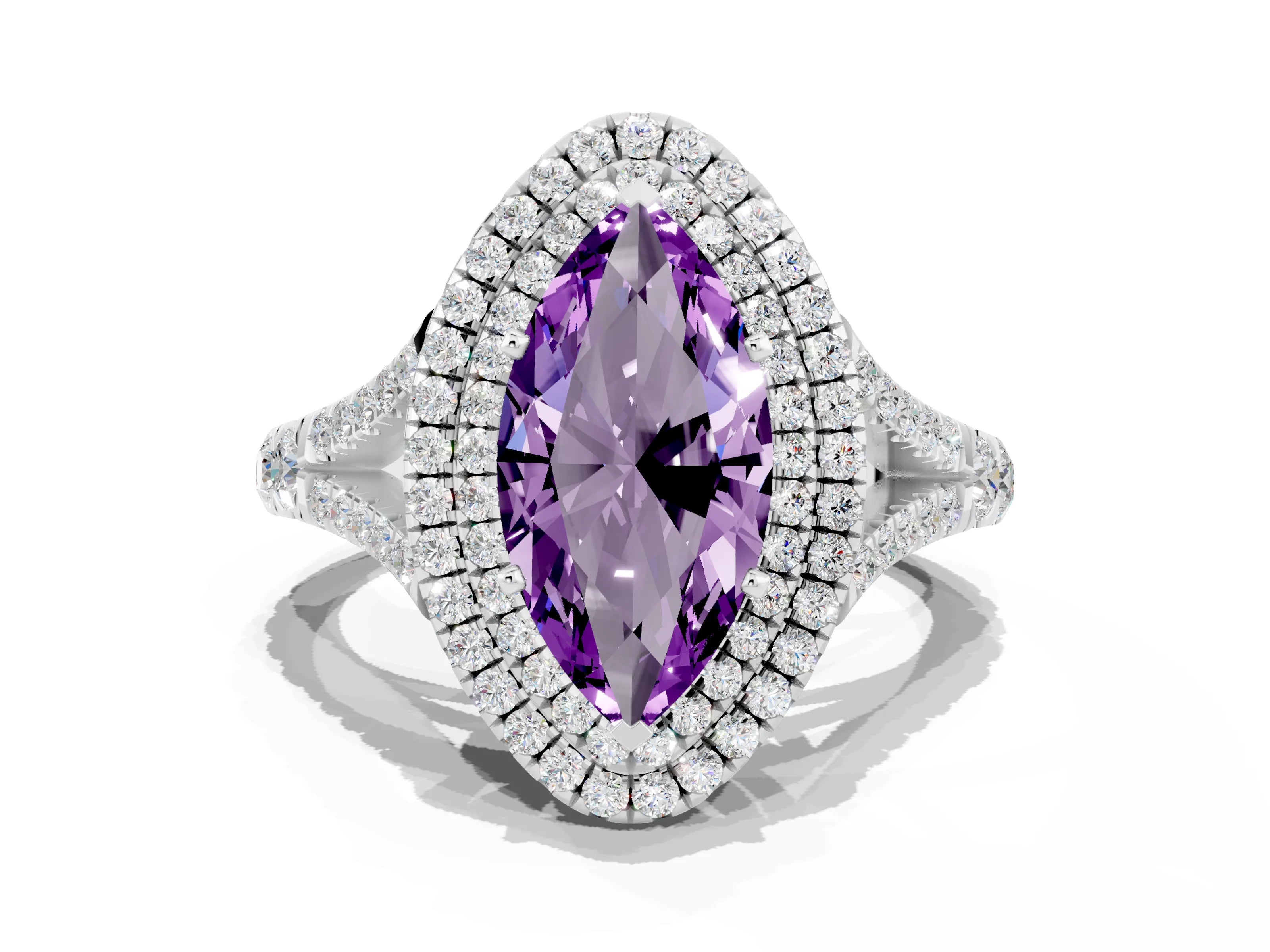 White gold Double Halo Marquise Cut Amethyst Pavé Split Shank Ring with Prong Setting