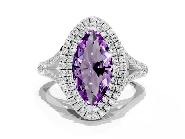 Platinum Double Halo Marquise Cut Amethyst Pavé Split Shank Ring with Prong Setting