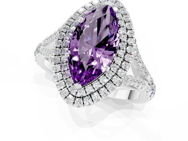 White gold Double Halo Marquise Cut Amethyst Pavé Split Shank Ring with Prong Setting