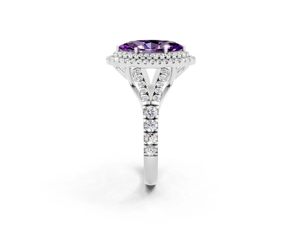Silver Double Halo Marquise Cut Amethyst Pavé Split Shank Ring with Prong Setting