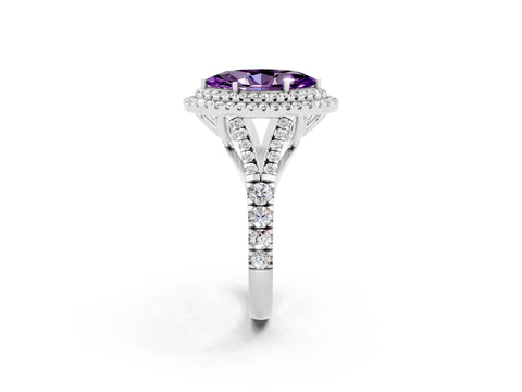 White gold Double Halo Marquise Cut Amethyst Pavé Split Shank Ring with Prong Setting_2