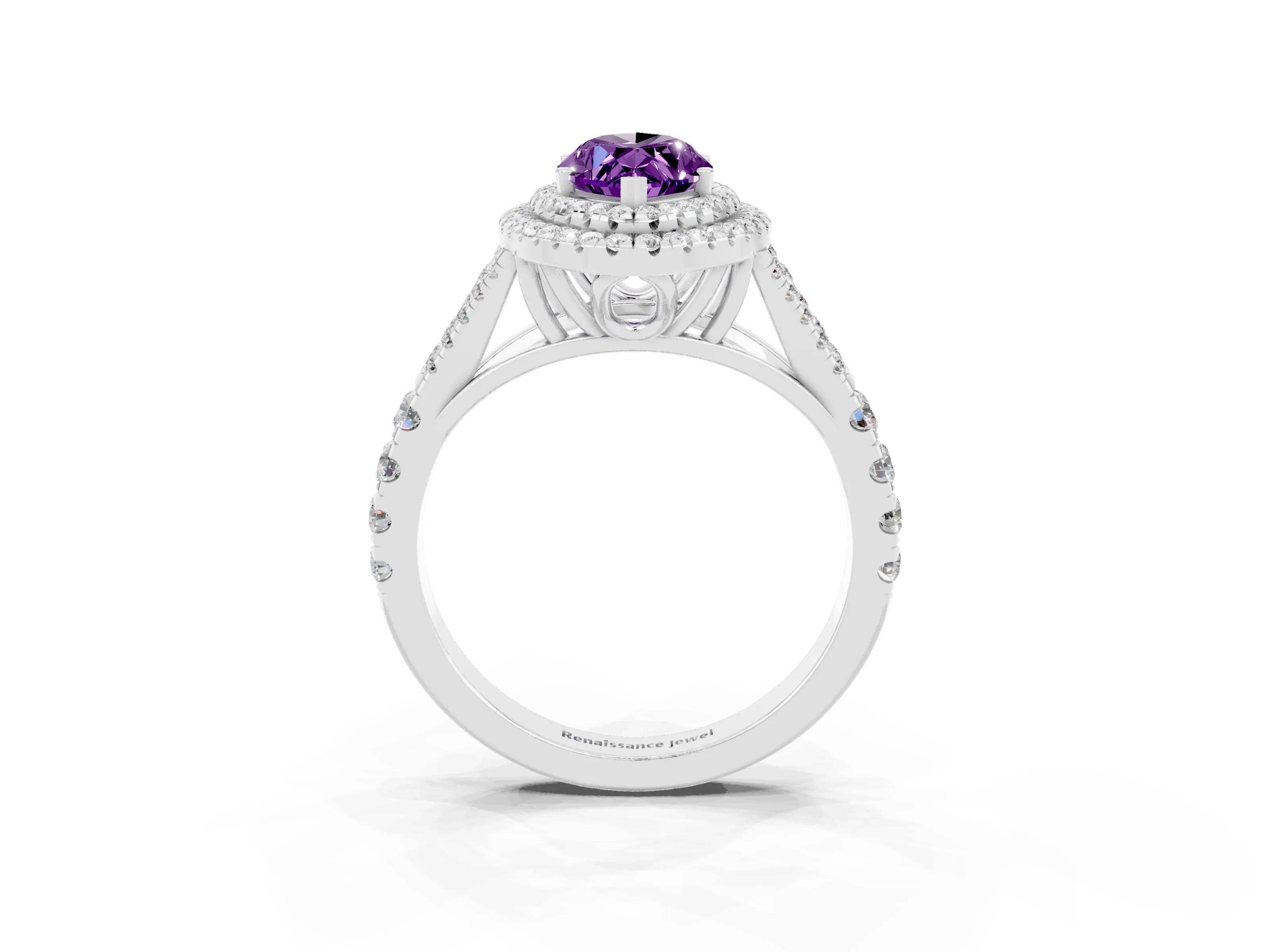 White gold Double Halo Marquise Cut Amethyst Pavé Split Shank Ring with Prong Setting_3