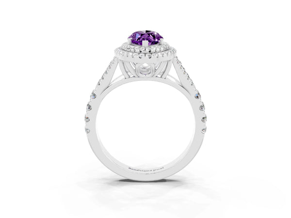 Platinum Double Halo Marquise Cut Amethyst Pavé Split Shank Ring with Prong Setting