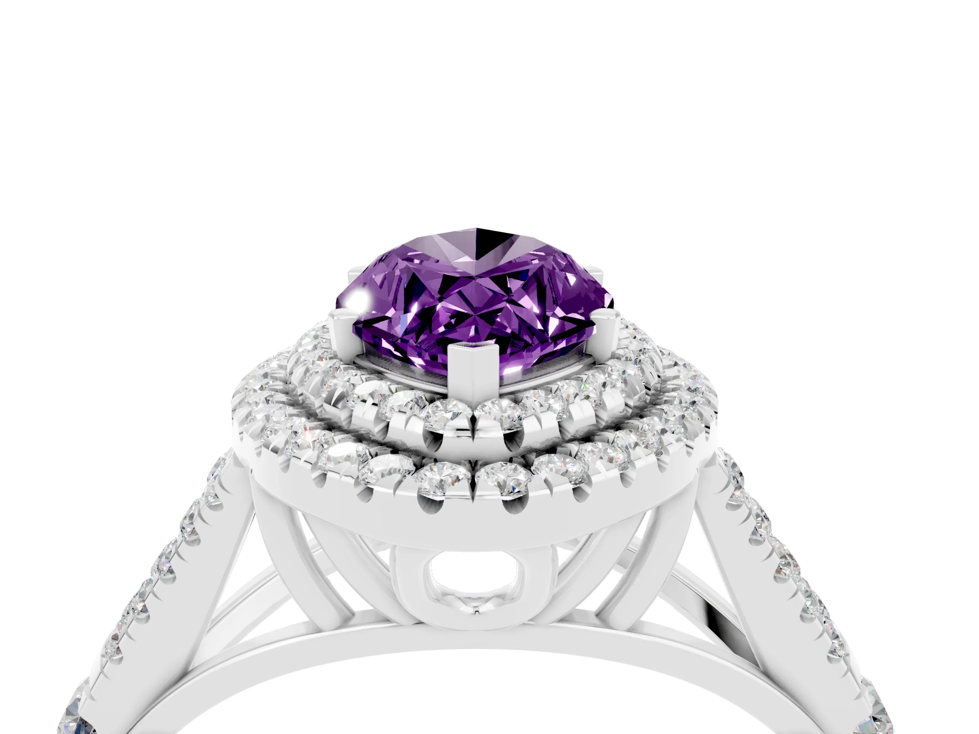 White gold Double Halo Marquise Cut Amethyst Pavé Split Shank Ring with Prong Setting_4