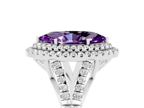 White gold Double Halo Marquise Cut Amethyst Pavé Split Shank Ring with Prong Setting_5