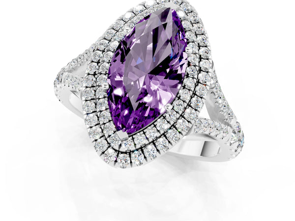 White gold Double Halo Marquise Cut Amethyst Split Shank Engagement Ring with Four-Prong Setting