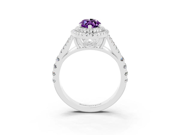 Platinum Double Halo Marquise Cut Amethyst Split Shank Engagement Ring with Four-Prong Setting