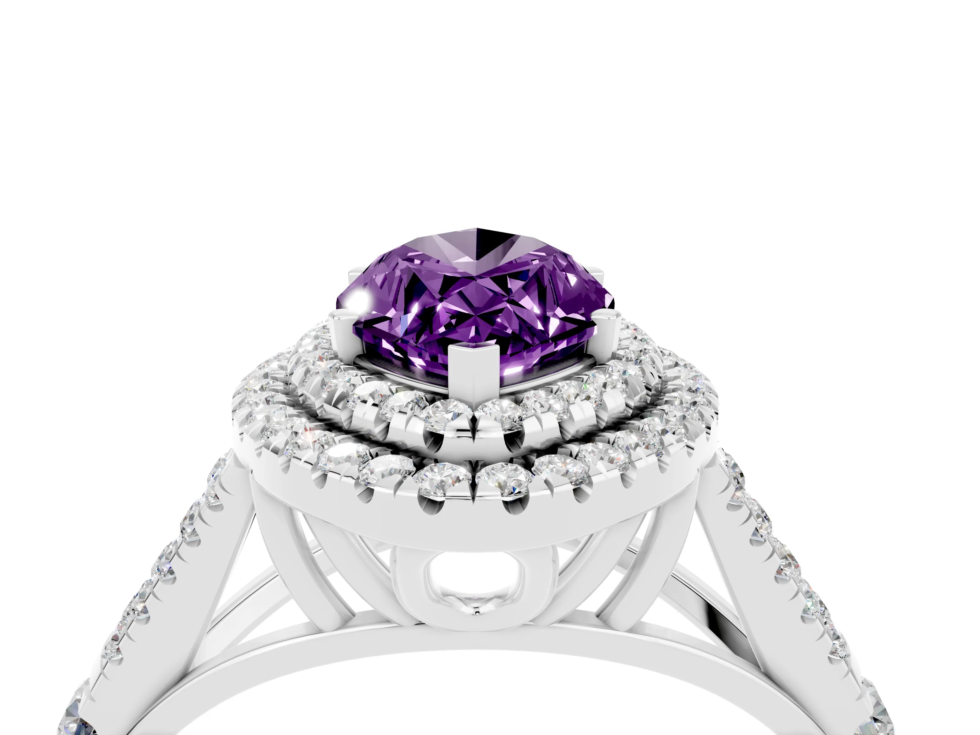 White gold Double Halo Marquise Cut Amethyst Split Shank Engagement Ring with Four-Prong Setting_4