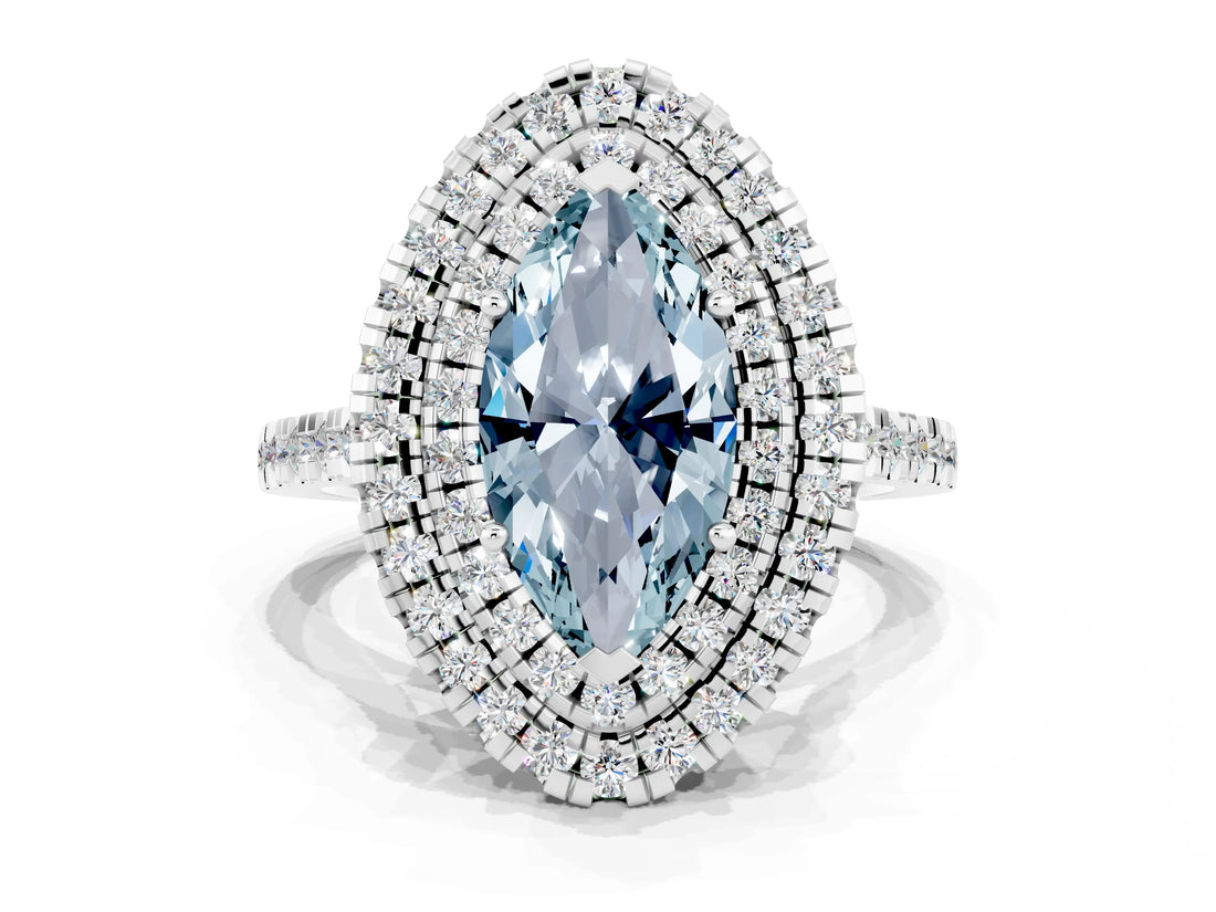 White gold Double Halo Marquise Cut Aquamarine Pavé Band with Four-Prong Setting