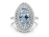 White gold Double Halo Marquise Cut Aquamarine Pavé Band with Four-Prong Setting