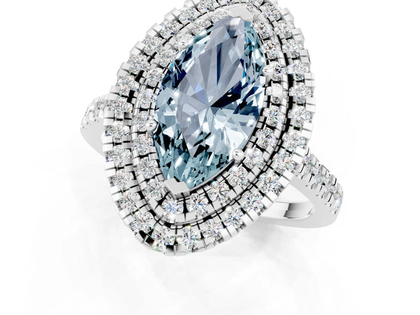 Platinum Double Halo Marquise Cut Aquamarine Pavé Band with Four-Prong Setting