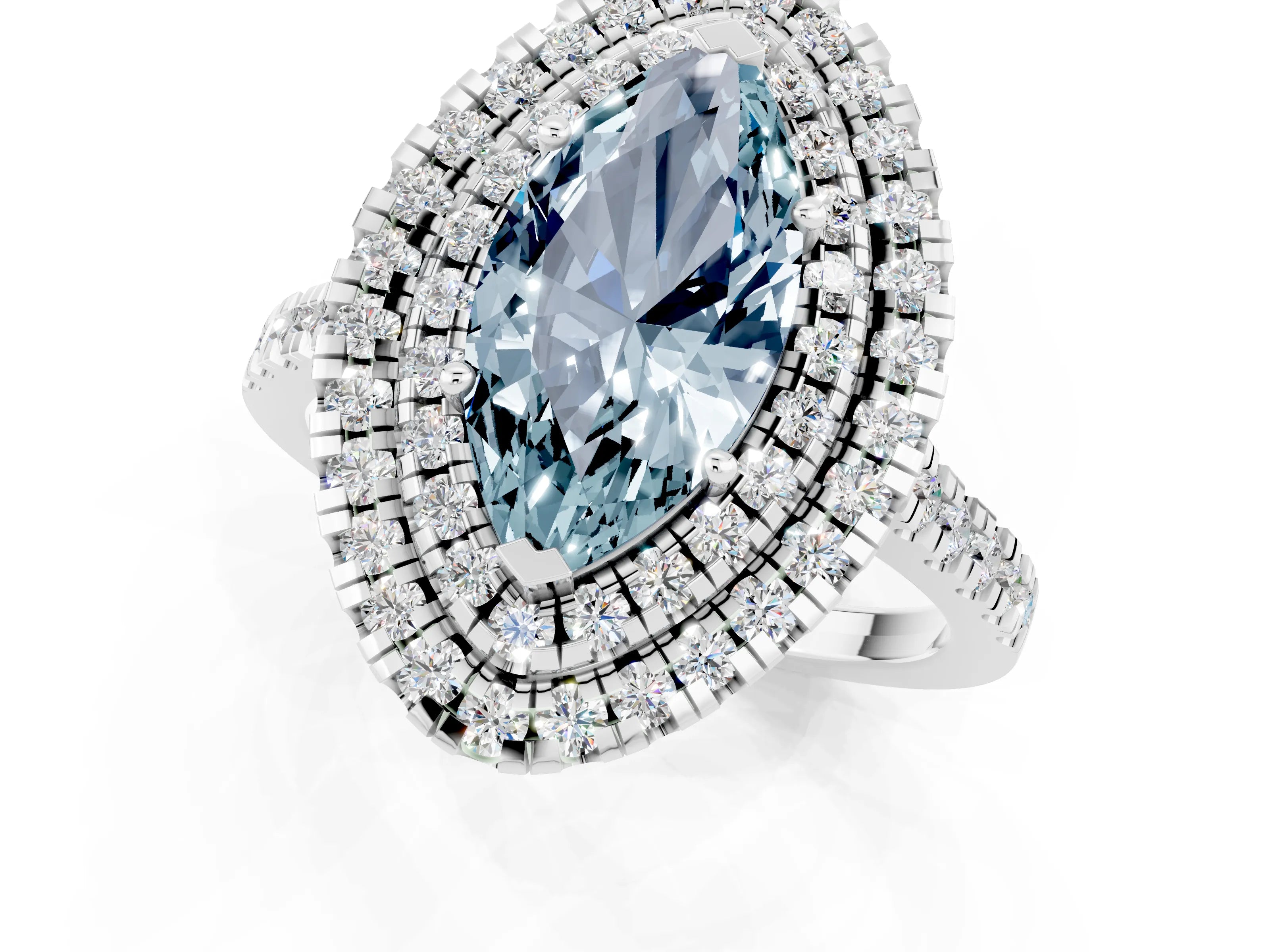 White gold Double Halo Marquise Cut Aquamarine Pavé Band with Four-Prong Setting_1