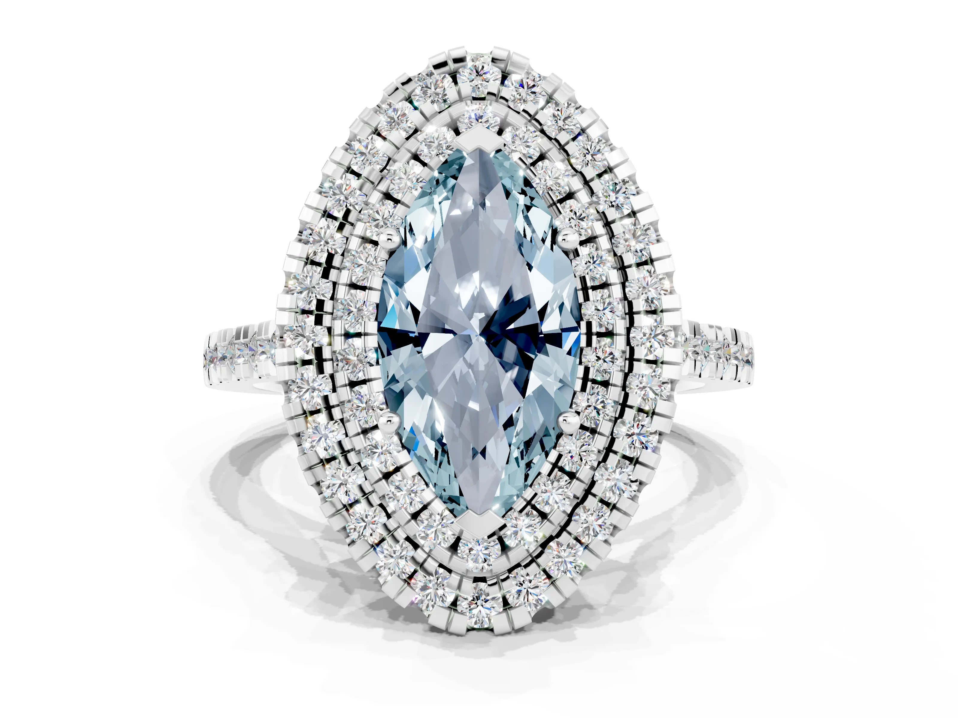 White gold Double Halo Marquise Cut Aquamarine Pavé Band with Four-Prong Setting