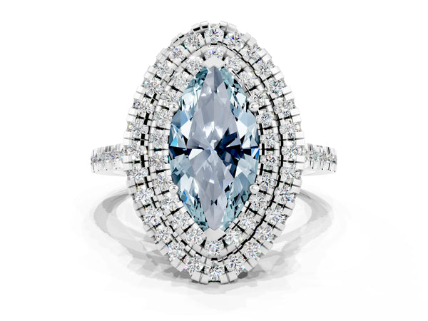 White gold Double Halo Marquise Cut Aquamarine Pavé Band with Four-Prong Setting