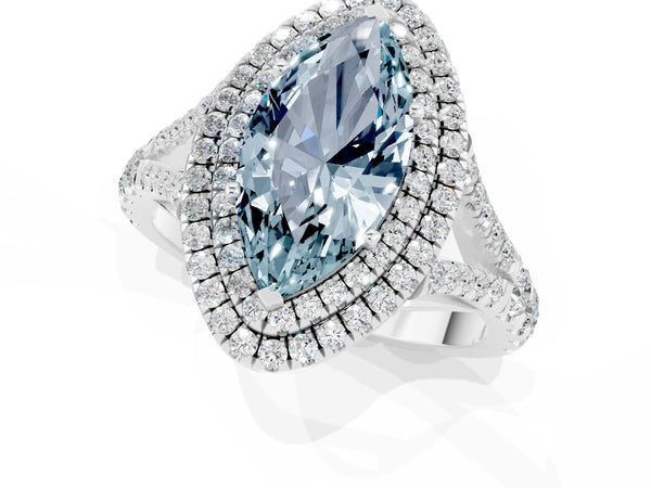 Silver Double Halo Marquise Cut Aquamarine Pavé Split Shank Ring with Prong Setting
