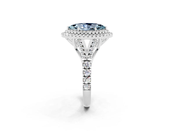 Platinum Double Halo Marquise Cut Aquamarine Pavé Split Shank Ring with Prong Setting