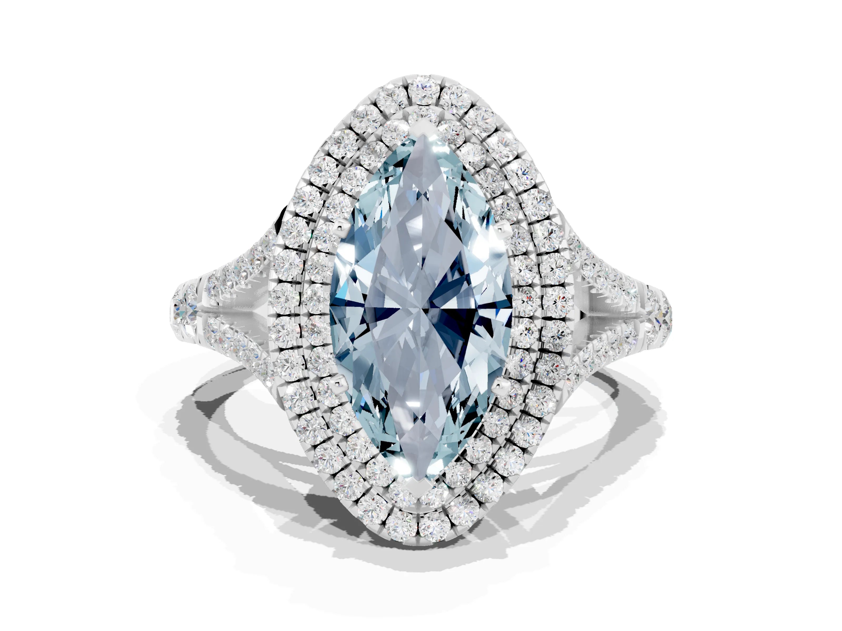 White gold Double Halo Marquise Cut Aquamarine Pavé Split Shank Ring with Prong Setting