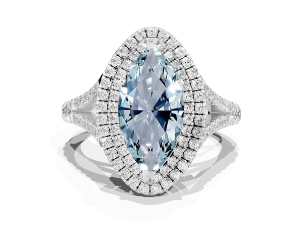 Silver Double Halo Marquise Cut Aquamarine Pavé Split Shank Ring with Prong Setting