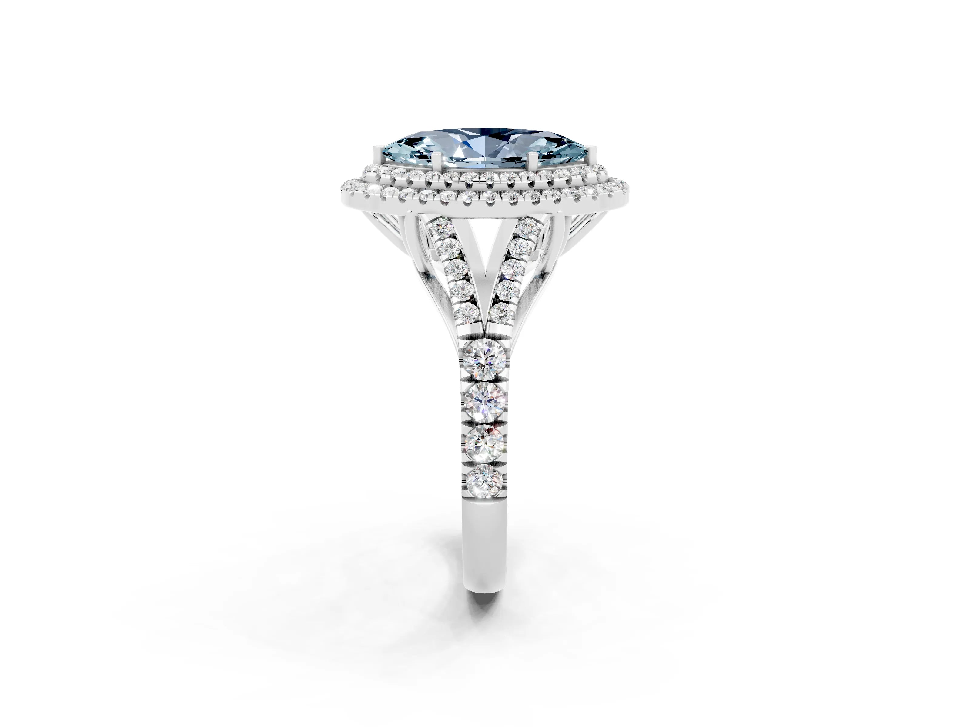 White gold Double Halo Marquise Cut Aquamarine Pavé Split Shank Ring with Prong Setting_2