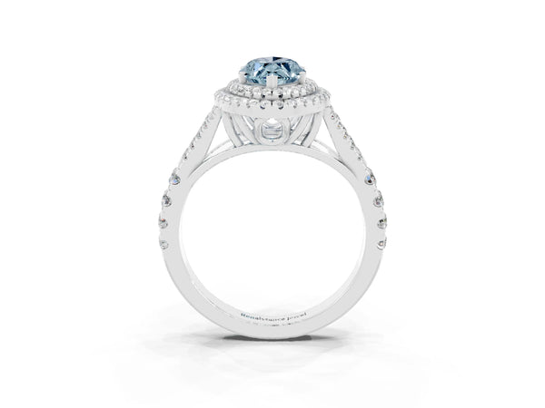 Platinum Double Halo Marquise Cut Aquamarine Pavé Split Shank Ring with Prong Setting