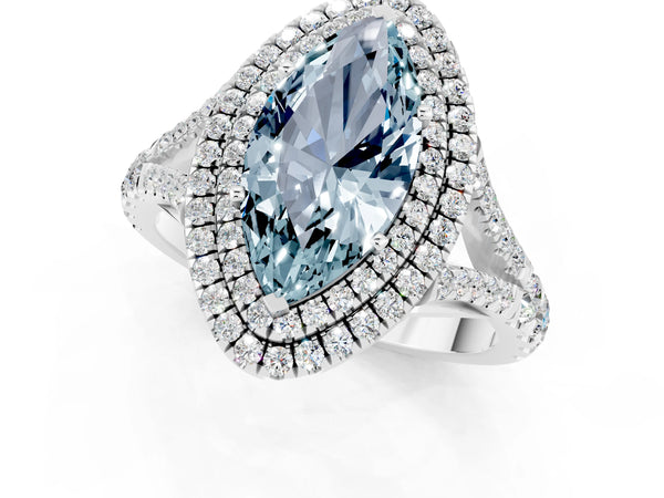 Platinum Double Halo Marquise Cut Aquamarine Split Shank Engagement Ring with Four-Prong Setting