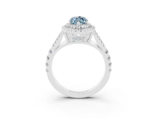 Silver Double Halo Marquise Cut Aquamarine Split Shank Engagement Ring with Four-Prong Setting