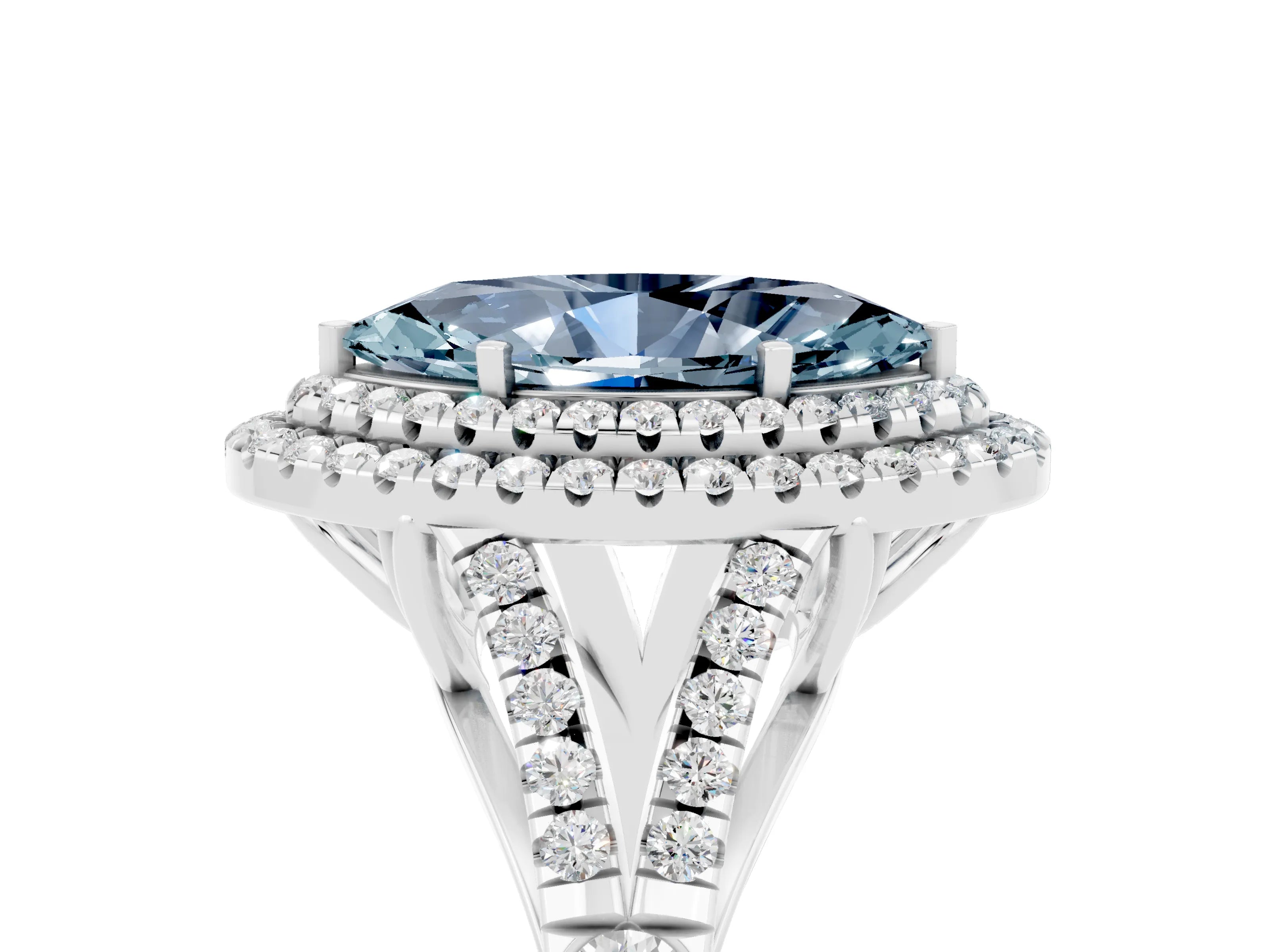 White gold Double Halo Marquise Cut Aquamarine Split Shank Engagement Ring with Four-Prong Setting_5