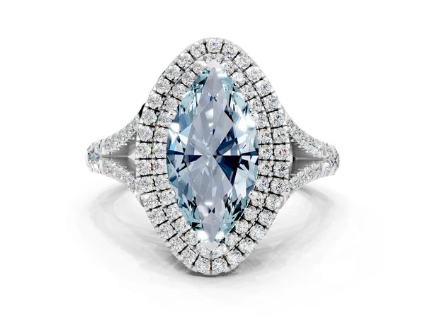 White gold Double Halo Marquise Cut Aquamarine Split Shank Engagement Ring with Four-Prong Setting