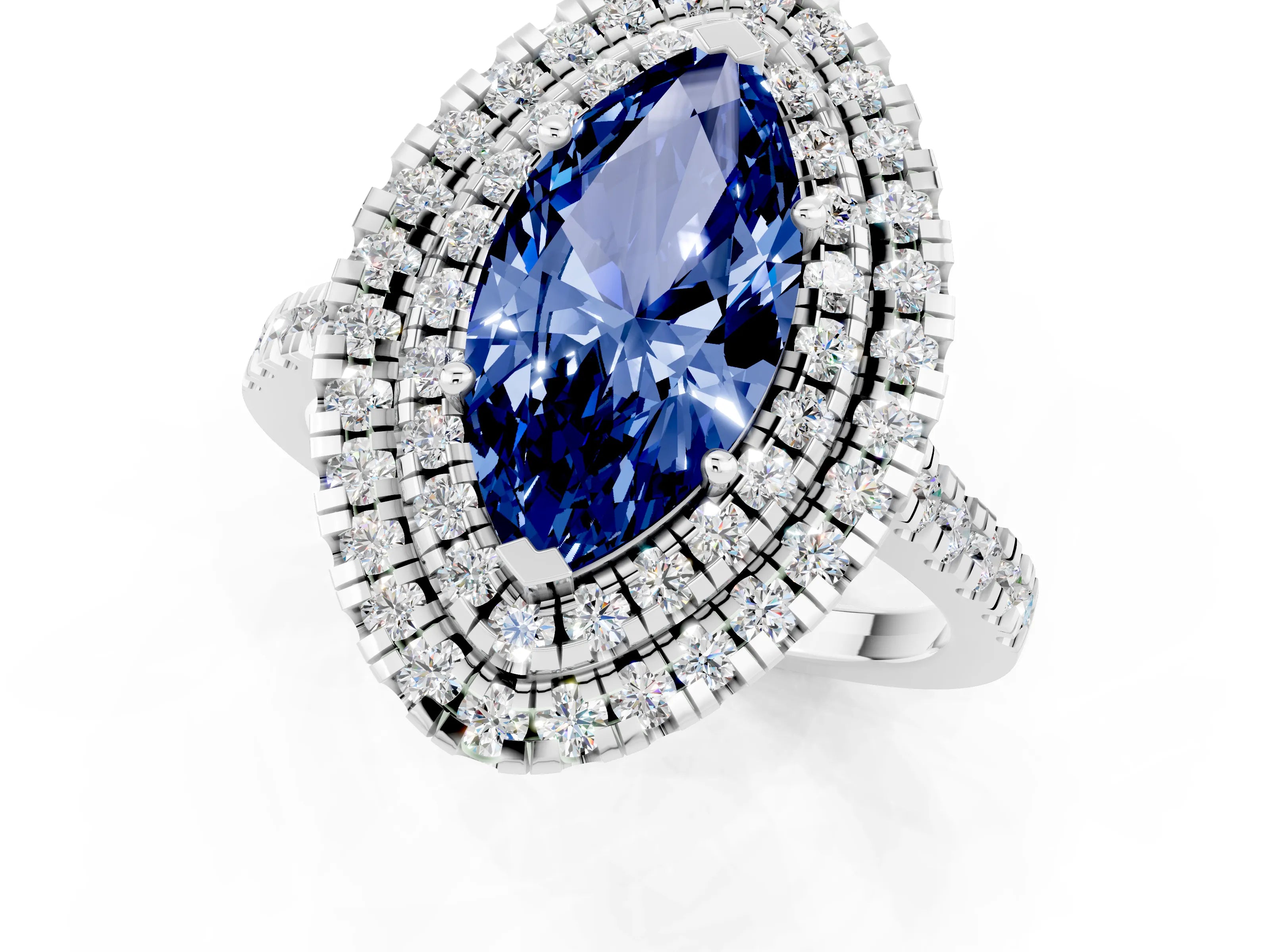 White gold Double Halo Marquise Cut Blue Sapphire Pavé Band with Four-Prong Setting_1