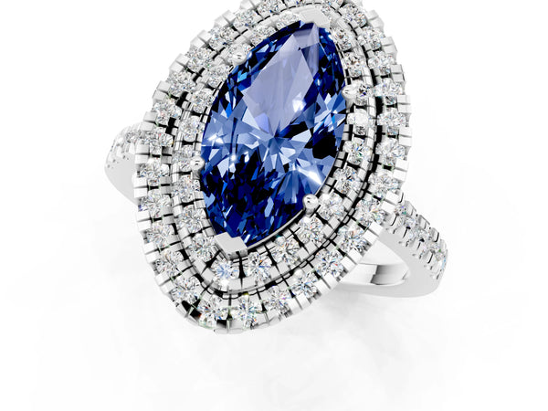 White gold Double Halo Marquise Cut Blue Sapphire Pavé Band with Four-Prong Setting