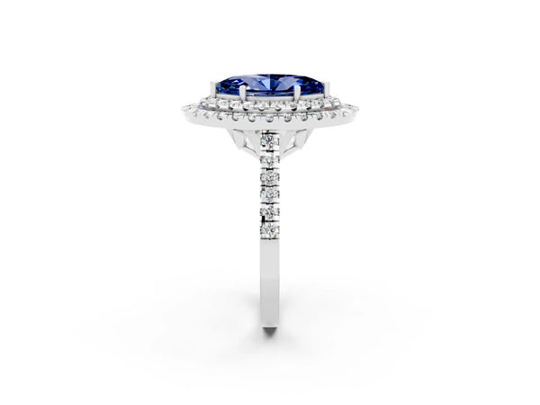 Silver Double Halo Marquise Cut Blue Sapphire Pavé Band with Four-Prong Setting