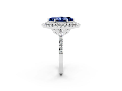White gold Double Halo Marquise Cut Blue Sapphire Pavé Band with Four-Prong Setting_2