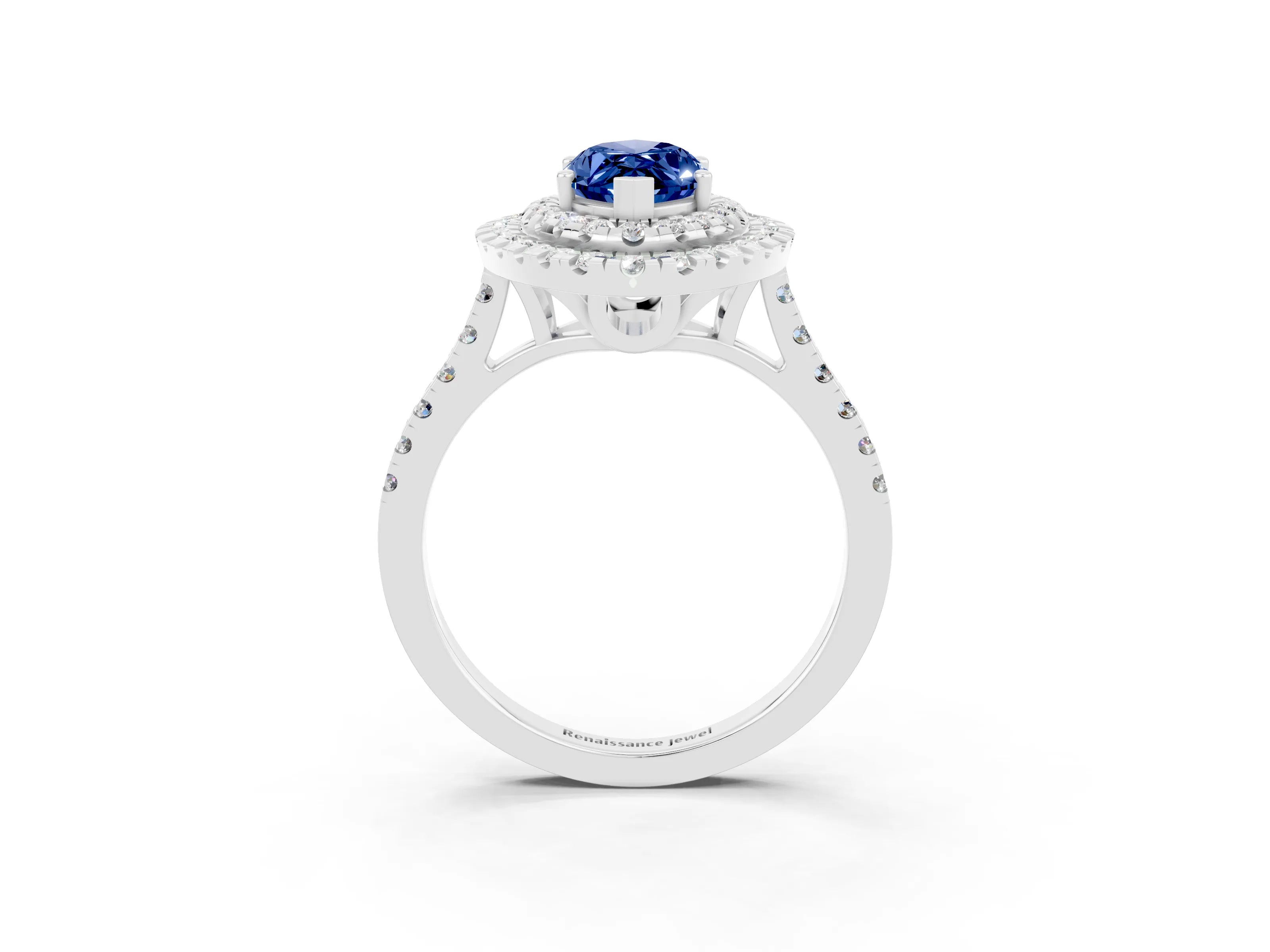 White gold Double Halo Marquise Cut Blue Sapphire Pavé Band with Four-Prong Setting_3