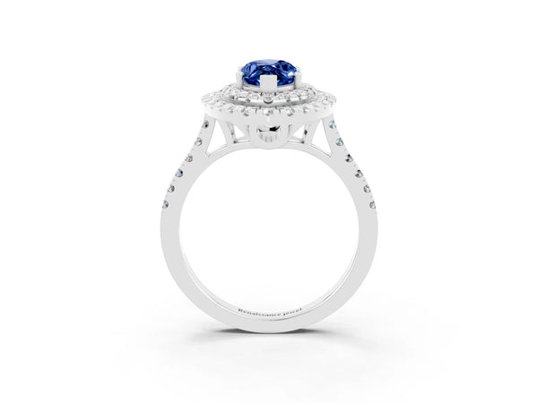 Silver Double Halo Marquise Cut Blue Sapphire Pavé Band with Four-Prong Setting