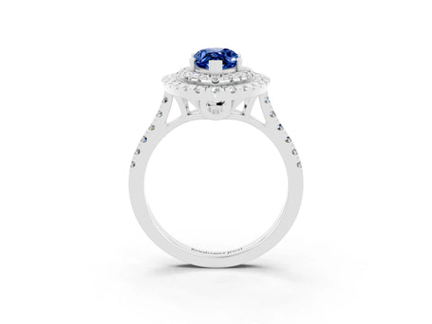 White gold Double Halo Marquise Cut Blue Sapphire Pavé Band with Four-Prong Setting_3