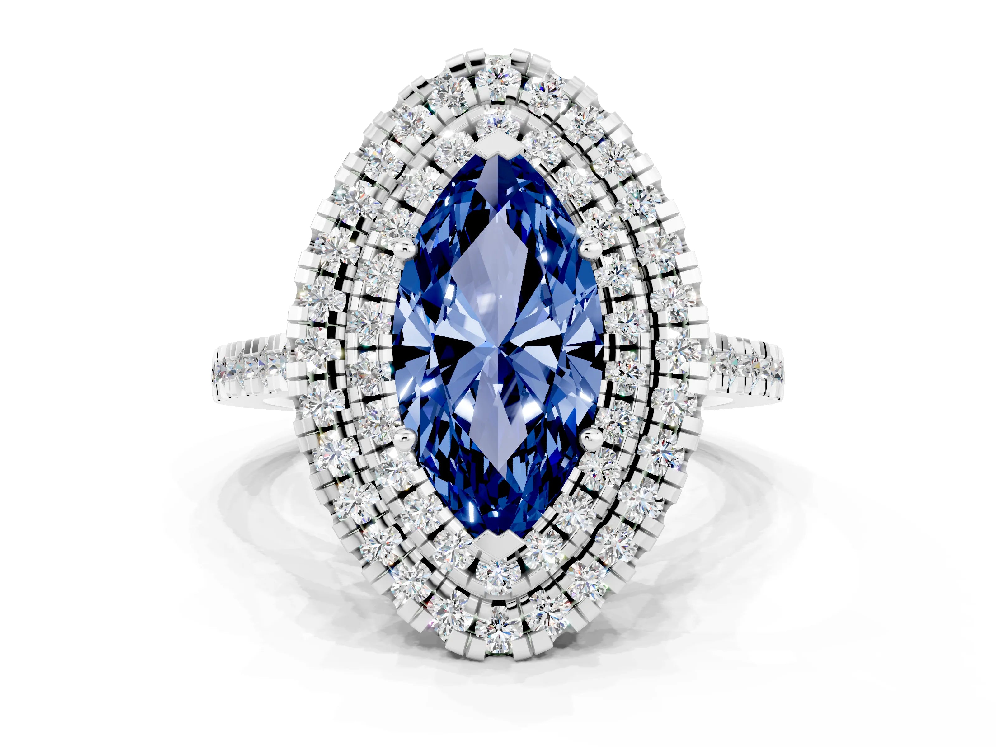 White gold Double Halo Marquise Cut Blue Sapphire Pavé Band with Four-Prong Setting