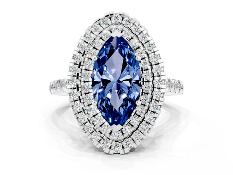 White gold Double Halo Marquise Cut Blue Sapphire Pavé Band with Four-Prong Setting