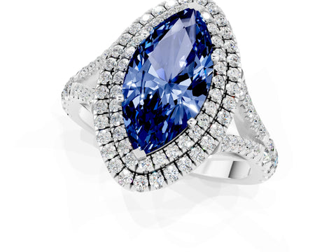 White gold Double Halo Marquise Cut Blue Sapphire Pavé Split Shank Ring with Prong Setting_1