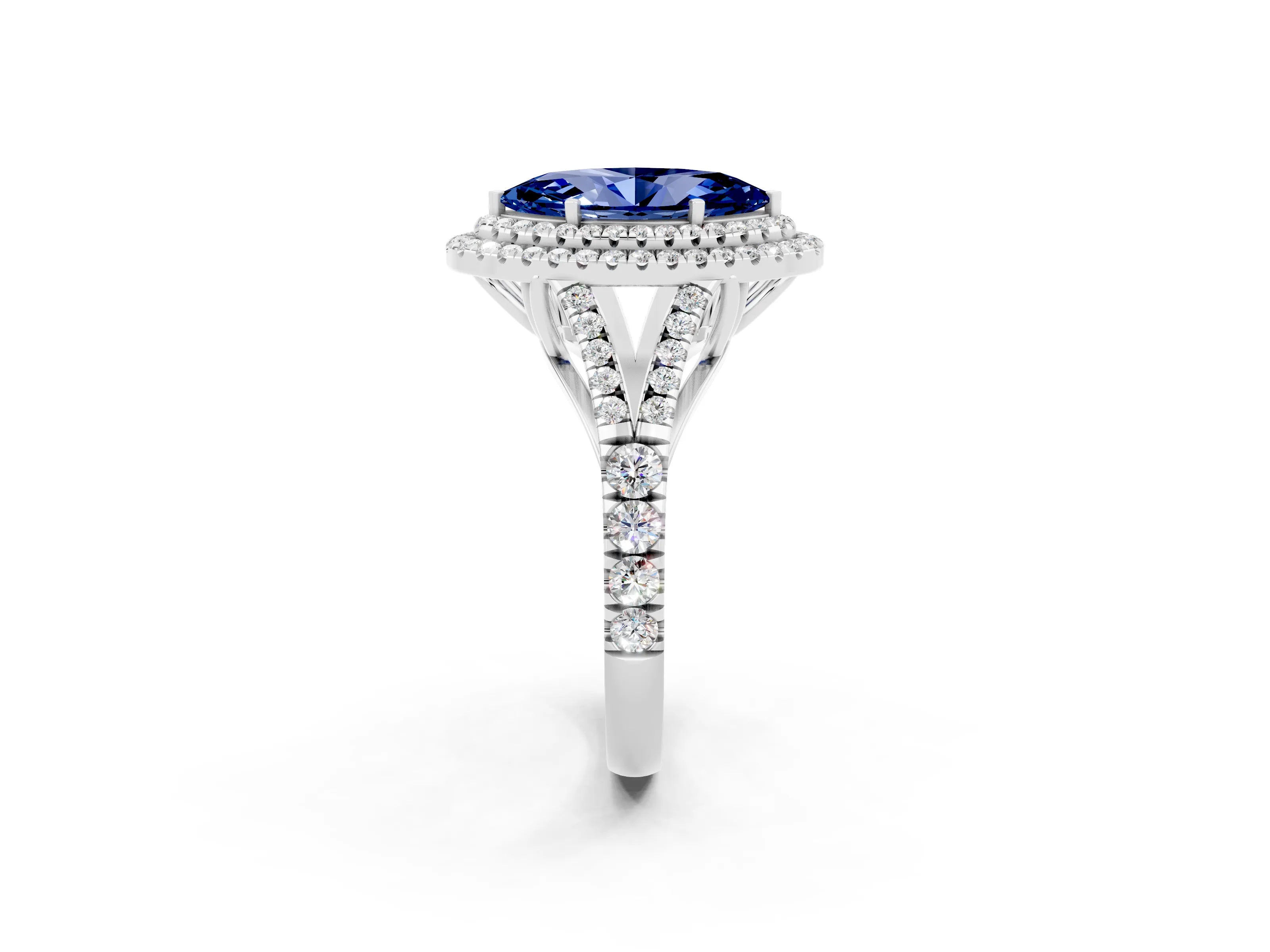 White gold Double Halo Marquise Cut Blue Sapphire Pavé Split Shank Ring with Prong Setting_2