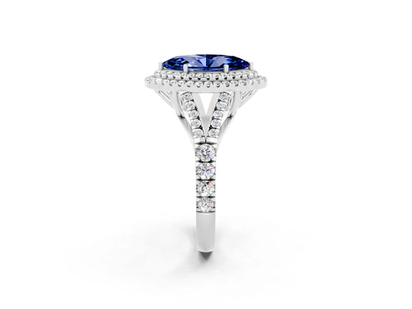 Platinum Double Halo Marquise Cut Blue Sapphire Pavé Split Shank Ring with Prong Setting