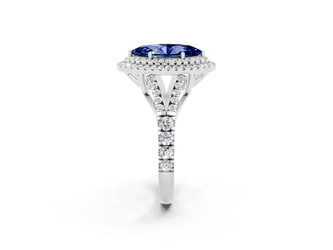 White gold Double Halo Marquise Cut Blue Sapphire Pavé Split Shank Ring with Prong Setting_2
