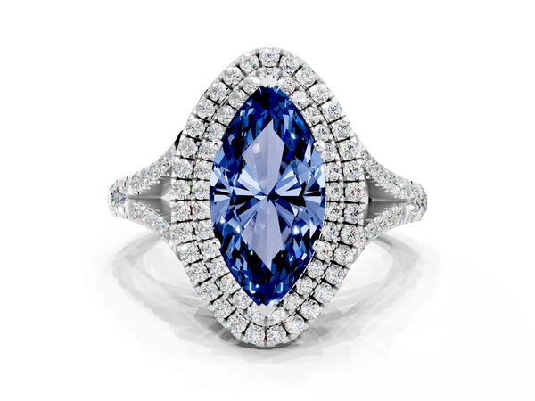 Silver Double Halo Marquise Cut Blue Sapphire Pavé Split Shank Ring with Prong Setting