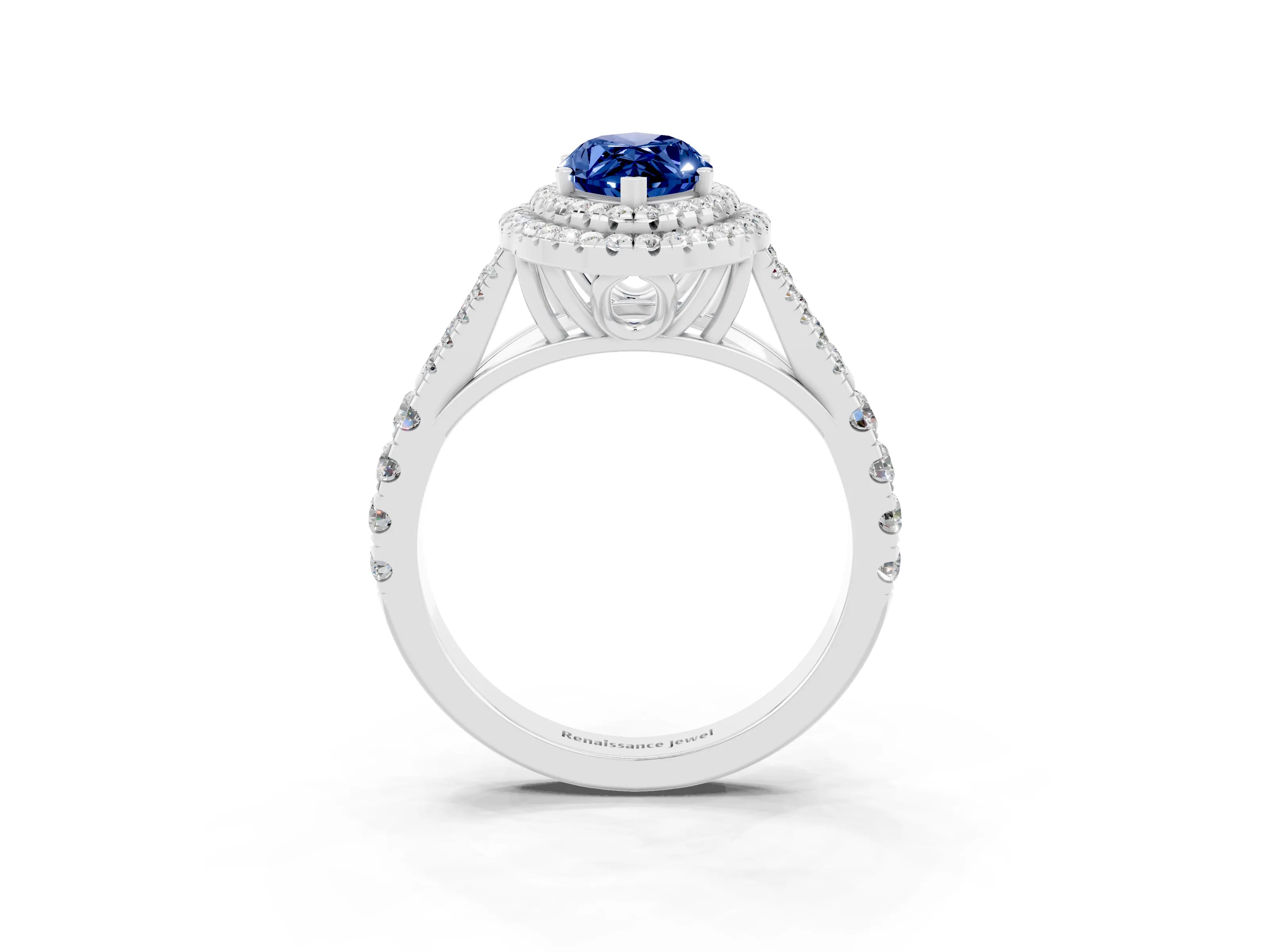 White gold Double Halo Marquise Cut Blue Sapphire Pavé Split Shank Ring with Prong Setting_3